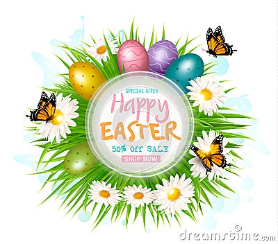 Easter sale card with colofrul eggs and green grass. Vector Illustration