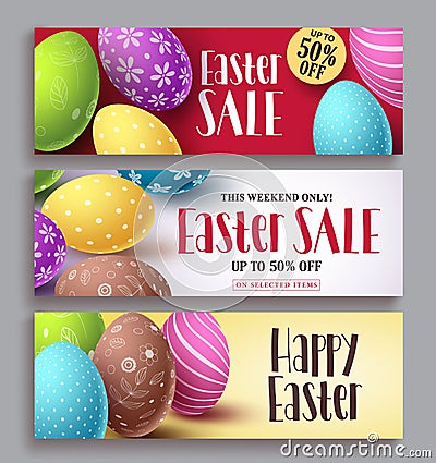 Easter sale and happy easter vector banner design set with colorful eggs elements Vector Illustration