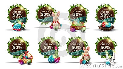 Easter sale, up to 50% off, set of brown discount banners in the form of wood barrel with a frame of vines and green ribbons Stock Photo