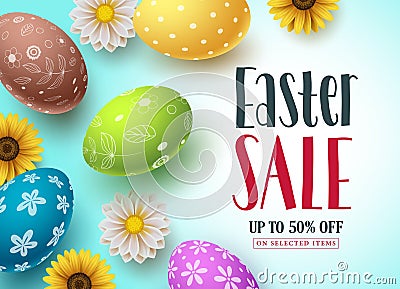 Easter sale vector banner design with colorful eggs and flowers for shopping discount Vector Illustration