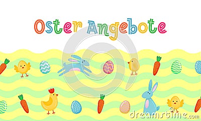 Easter sale vector German cute banner with colored ornate eggs, cartoon chiken and Easter banny, rabbit on green spring grass fiel Vector Illustration