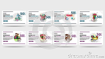 Easter sales and discount week, large collection white discount banners with Easter icons, buttons, copy space and liquid shapes Stock Photo