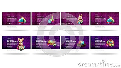 Easter sales and discount week, large set modern purple horizontal discount banners with buttons and Easter icons Stock Photo