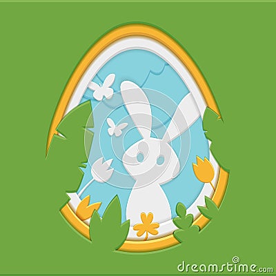 Easter scene background with bunny, grass and butterfly. Paper cut style illustration Cartoon Illustration