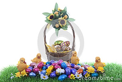 Easter scene with chocolate eggs and chickens Stock Photo