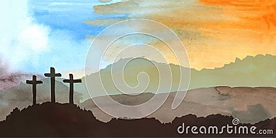 Easter scene with cross. Jesus Christ. Watercolor vector illustration Vector Illustration