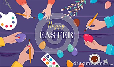 Easter scene - happy family preparing for Easter. Mother, father and daughters are painting eggs. Vector illustration Vector Illustration