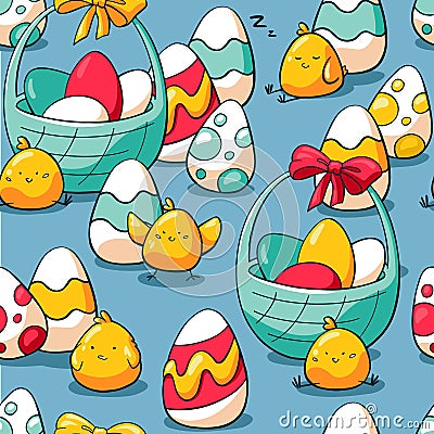 Easter seamless pattern with baskets, chicken and easter eggs. Holiday background for wrapping paper, fabric. Hand drawn Vector Illustration