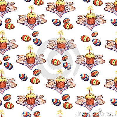 Easter seamless pattern with colorful eggs, Easter rabbits and Easter cake. Watercolor illustration. Cartoon Illustration