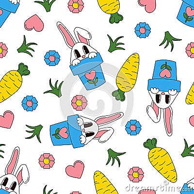 Easter seamless pattern in groove style with a cute bunny in a pot, carrots, flower, heart, and blade of grass. Vector Illustration