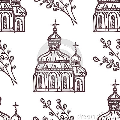 Easter seamless pattern with hand drawn church and pussy-willow twig Vector Illustration