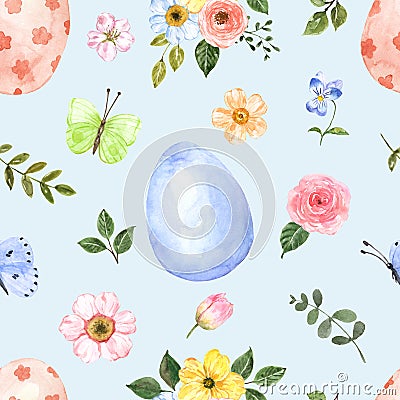 Easter seamless pattern on a pastel blue background. Watercolor eggs, spring flowers, and butterflies illustration Stock Photo