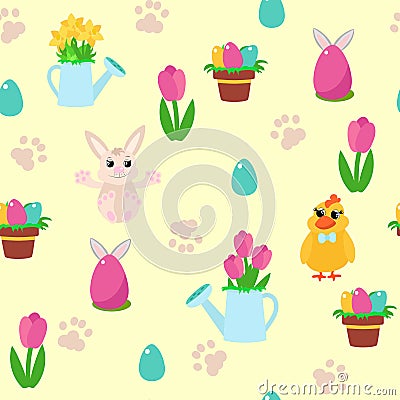 Easter seamless pattern rabbit and flowers tulips, chick, eggs and paw prints. Spring pattern for textiles. Vector Illustration