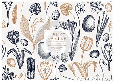 Easter seamless pattern. With spring flowers, bird feathers, eggs and floral elements. Hand drawn botanical illustrations. Spring Vector Illustration