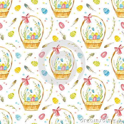 Easter seamless pattern. Template with osier basket, Easter eggs and spring flowers Stock Photo