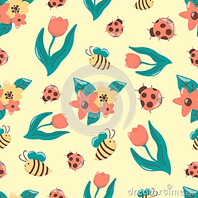 Easter seamless pattern with tulip, flowers, bee and ladybug. Hand draw style. Vector Illustration