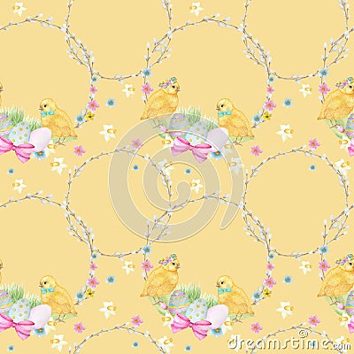 Seamless Easter pattern Watercolor hand drawn of yellow chiken, Spring flowers, willow, bow, egg. Colorful bird, chikens Stock Photo