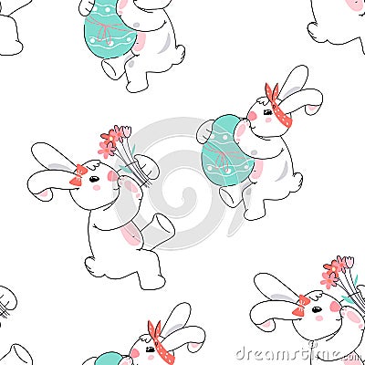 Easter Seamless repeatable pattern for textile or wrapping print with rabbits. Vector Illustration