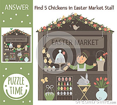 Easter searching game for children with spring shop with colored eggs and bunny. Cute funny smiling characters. Find hidden Vector Illustration