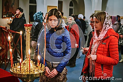 Easter service on the night of 1 may 2016 the Russian Orthodox Church in Kaluga region. Editorial Stock Photo