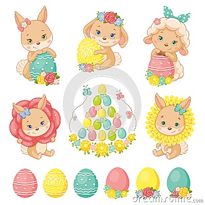 Easter set with bunnies, sheep and eggs. Cartoon vector illustration Vector Illustration