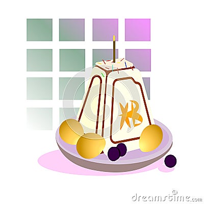 Easter set cake, cake with a candle and eggs on a checkered background Vector Illustration