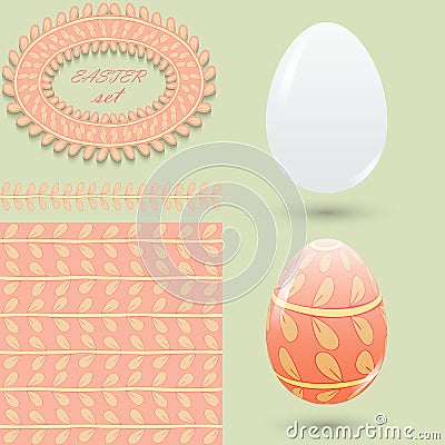 Easter set. Clean and colored eggs, seamless pattern, brush and frame in pink tones. Elements for design announcements, greeting c Vector Illustration