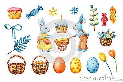 Easter set with colorful eggs, cartoon bunny, ribbon, willow, Easter cake, bouquet. Hand drawn watercolor illustration isolated on Cartoon Illustration