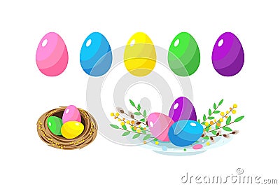 Easter set of colorful eggs,nest and plate with easter eggs,willow twigs,mimosas and green sprigs Vector Illustration