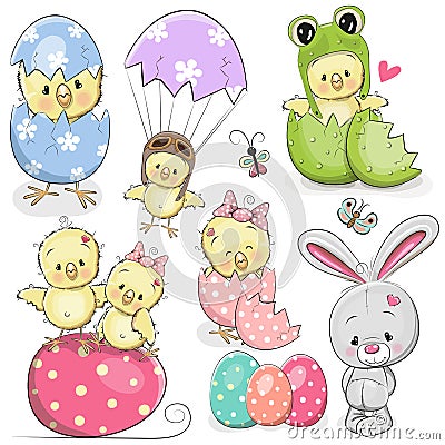 Easter set with cute Chicken Vector Illustration