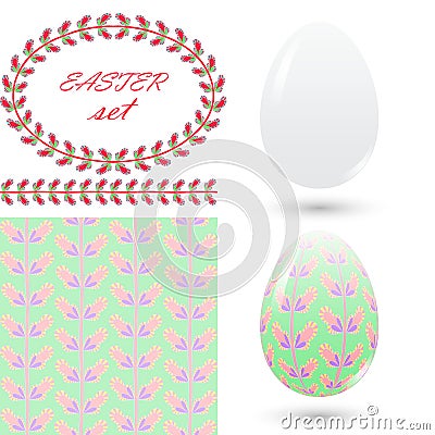 Easter set of design elements in pastel colors. Gentle hand drawn twig brush seamless pattern and frame for announcements, greetin Vector Illustration