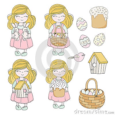 EASTER SET Girl Characters Holiday Vector Illustration Set Stock Photo