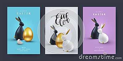 Easter Set of greeting cards, holiday covers, posters, flyers design in 3d realistic style Vector Illustration