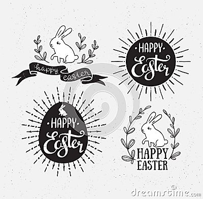 Easter set with lettering, sunburst and rabbit. Vector illustration. Happy Easter greeting cards. Vector Illustration