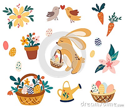 Easter set. Rabbit with basket, flowers, watering can, carrot, basket with eggs. Spring. Happy easter. Great for decoration flyers Vector Illustration