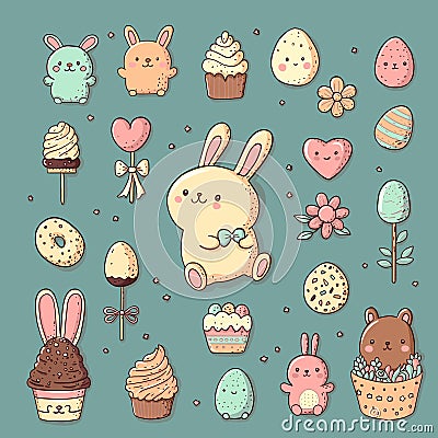 Easter set in retro hand drawn style. Bunny, colored eggs, sweet food and cakes, flowers. Pastel vectore collection of Vector Illustration