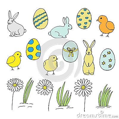 Easter set, vector illustration, bunnies, chickens, eggs and daisies, hand drawing colored Cartoon Illustration