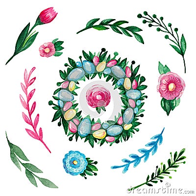 Easter set of watercolor elements Wreath eggs flowers branches on white isolated background Stock Photo