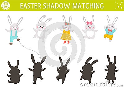 Easter shadow matching activity for children with bunny family. Fun spring puzzle with cute animals. Holiday celebration Vector Illustration