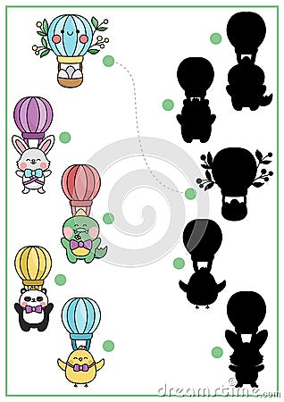 Easter shadow matching activity with traditional characters flying on hot air balloons. Spring holiday shape recognition puzzle Vector Illustration