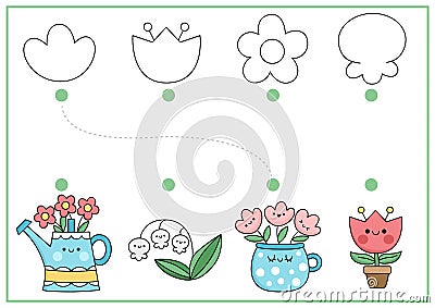 Easter shape recognition activity. Spring holiday matching puzzle with cute kawaii flowers. Find correct silhouette printable Vector Illustration