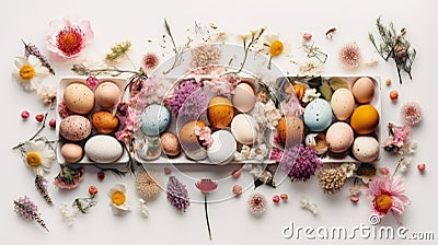 Easter Show: Vibrant Eggs and Spring Blooms on White Canvas Stock Photo