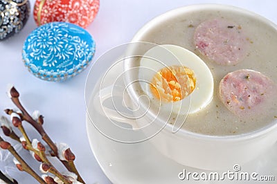 Easter soup with egg and white sausage Stock Photo