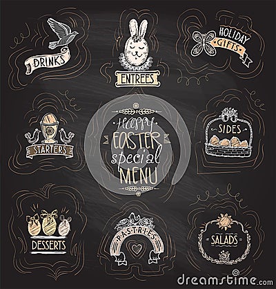 Easter special menu set on a chalkboard - starters, sides, salads, desserts Vector Illustration