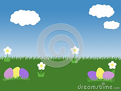 Easter spring background with eggs blue sky green grass and white flowers and clouds illustration Cartoon Illustration