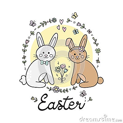 Easter spring bunnies vector illustration greeting card Vector Illustration
