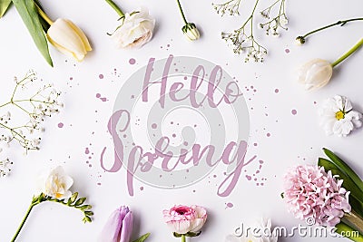 Easter and spring flat lay on a white wooden background. Stock Photo