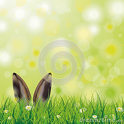 Easter Spring Hare Ears Grass Daisy Flowers Vector Illustration