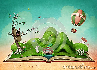 Easter Spring landscape on the book Cartoon Illustration