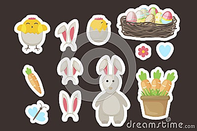 Easter stickers gift tags vector labels with cute cartoon characters spring greetings with bunny, chickens, eggs and Vector Illustration